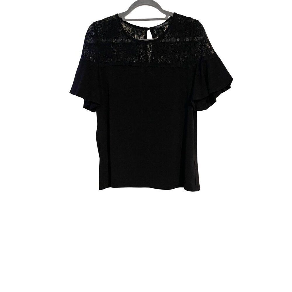 Adrianna Papell Women XL Top Black Lace Yoke Flutter Sleeve Blouse Feminine Boho